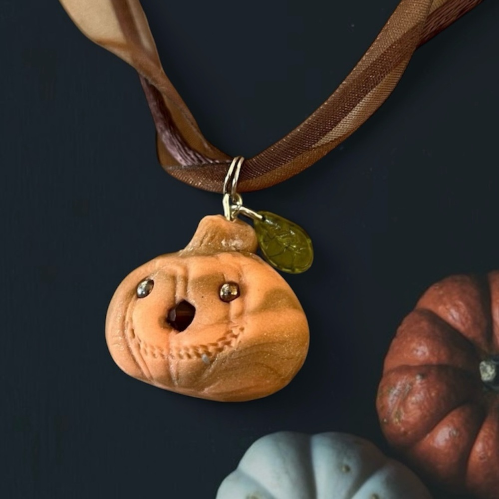 Pumpkin Necklace Polymer Clay Pendant Jack O Lantern Halloween Silver 925 Clasp